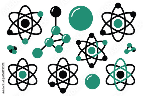 A graphic illustration of various atomic structures and molecules on a white background