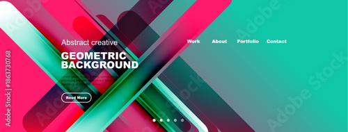 Modern website header design. Vibrant geometric shapes, text overlay, navigation menu present. Pink, turquoise, white colors dominate.