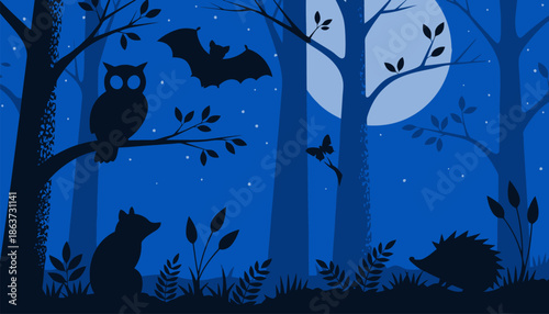 Whimsical forest scene at night with owl, bat, and animals under full moon