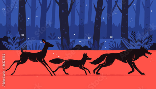 Silhouettes of wolf pack chasing deer through forest at night