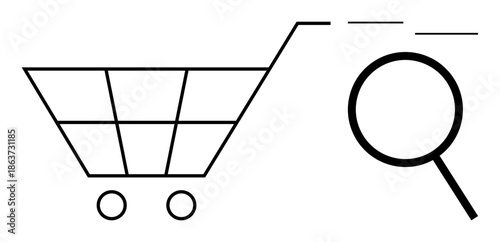 Shopping cart alongside magnifying glass symbolizing online shopping, product search, e-commerce navigation. Ideal for retail, search optimization, market research, digital tools, consumer trends