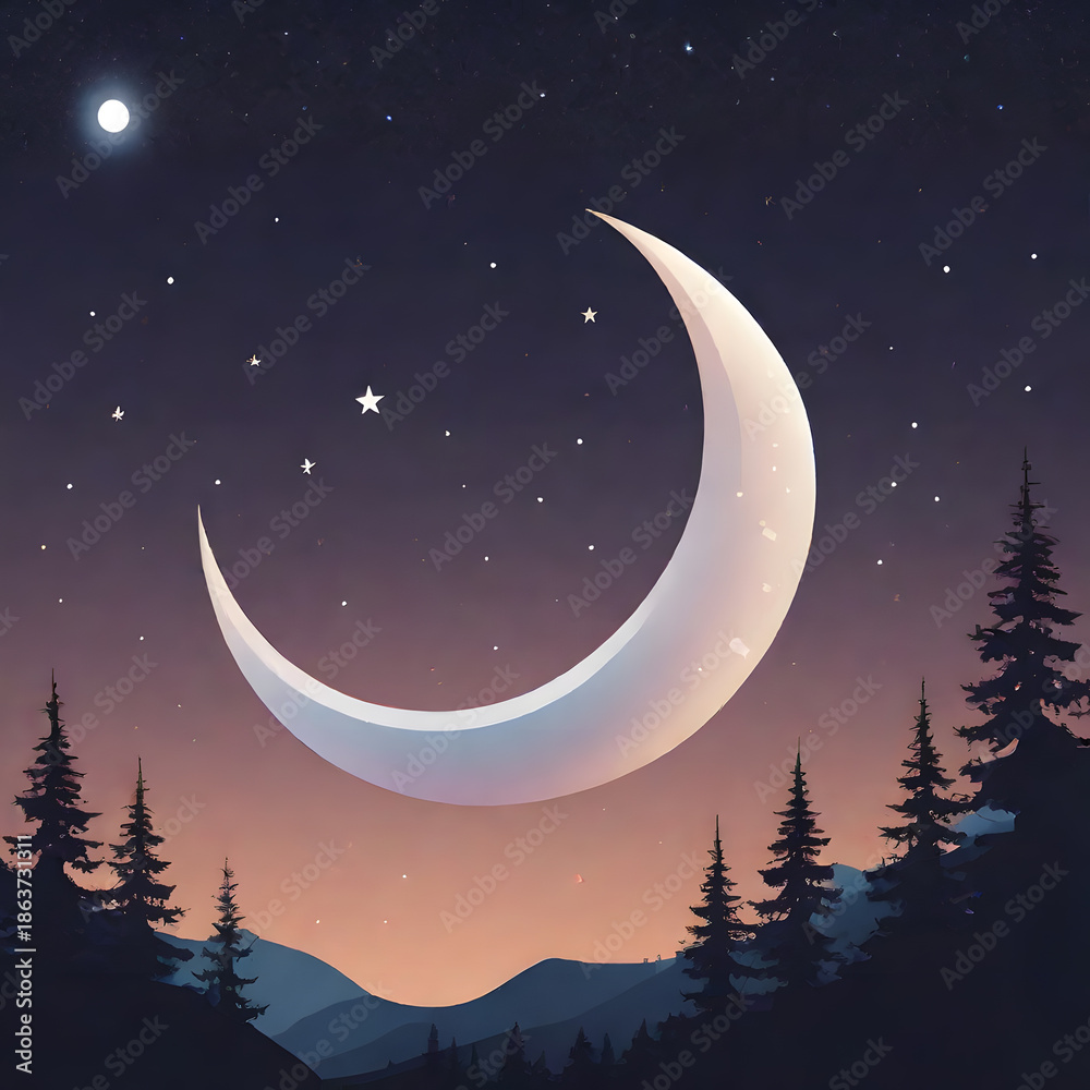 Naklejka premium Crescent Moon Over Forest|森の上の三日月