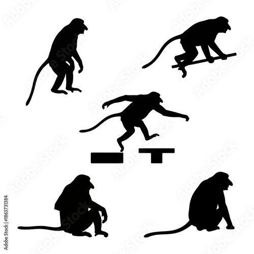 Black silhouette collection of monkeys and primates swinging and climbing.