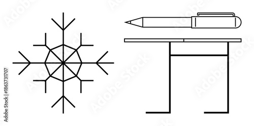 Creativity, productivity, minimalism, winter design, organization, geometric aesthetics. A geometric snowflake and minimalist desk with a pen. Creativity and productivity concept
