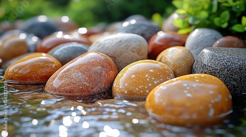 Close up of wet colorful pebbles on a shallow stream with soft green foliage background and