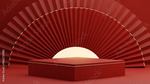 Elegant red pedestal display with fan background for product presentation