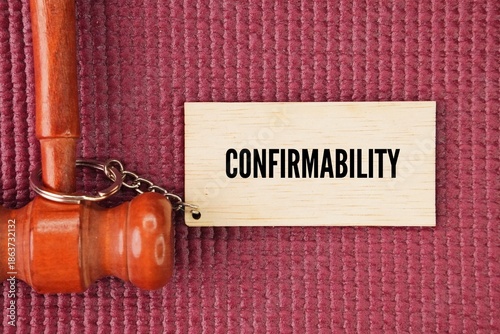 Картината върху платно Judge's gavel and wooden tag with the word confirmability