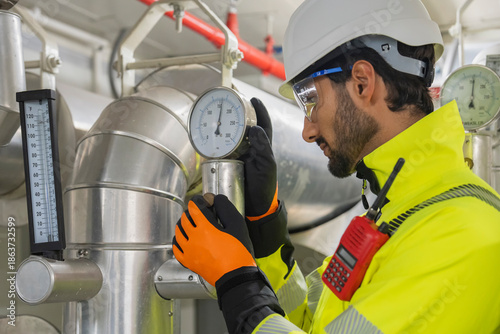 Industrial Cooling System Inspection Civil engineer manager and foreman worker conducting a thorough inspection of the building's industrial air conditioning and water cooling tower