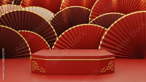 Elegant red pedestal display with traditional fan backdrop design
