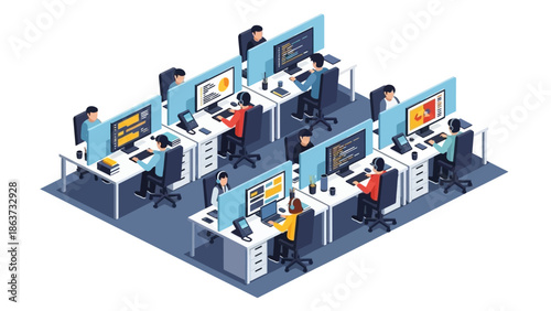 Modern office workspace with people working on computers in an isometric illustration