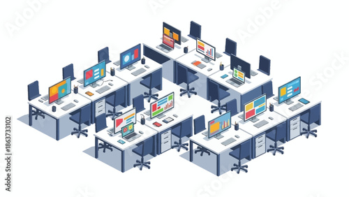 Modern Open-Plan Office Isometric Illustration: Empty Workstations with Computers and Data Displays