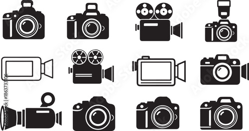 Collection of simple black and white camera vector camcorder icon eps