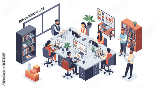 Diverse professionals collaborating in an 'Innovation Lab' on technology and business projects