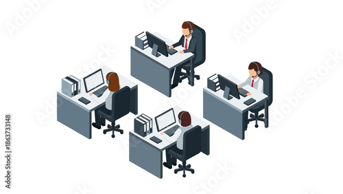 Isometric illustration of a customer service team working at desks in a busy office environment with headsets.