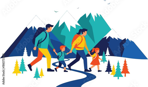 Stylized vector illustration depicts a vibrant family of four embarking on a cheerful mountain hiking and trekking adventure across a winding forest trail