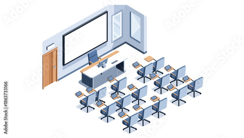 Isometric illustration of a modern empty classroom ready for learning