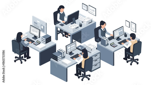 Isometric illustration of business people working on computers in a modern office setup.