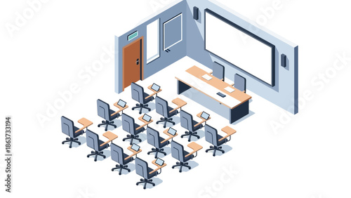 Isometric illustration of an empty modern classroom or lecture hall with desks and screen