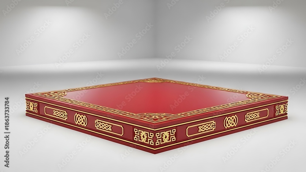 Fototapeta premium Elegant red platform with gold ornamentation isolated on white backdrop