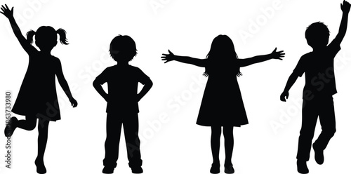 Children silhouettes playing together, happy kids jumping and standing, childhood freedom concept, black shadow figures, group of boys and girls isolated on white background
