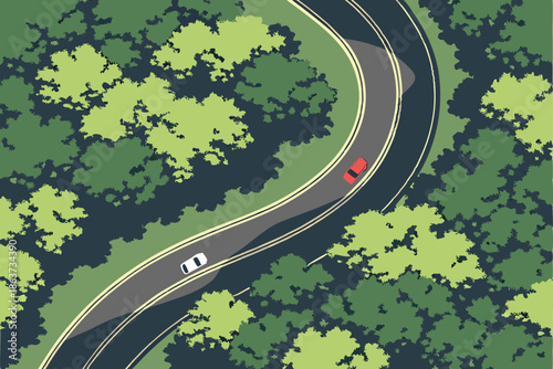  Aerial view, winding forest road, lush green canopy, bird's eye perspective, curving asphalt highway, dense woodland, treetops, cars on road, verdant landscape, overhead shot, nature and infrastruct