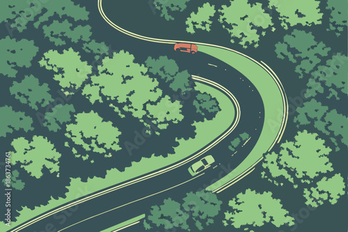  Aerial view, winding forest road, lush green canopy, bird's eye perspective, curving asphalt highway, dense woodland, treetops, cars on road, verdant landscape, overhead shot, nature and infrastruct