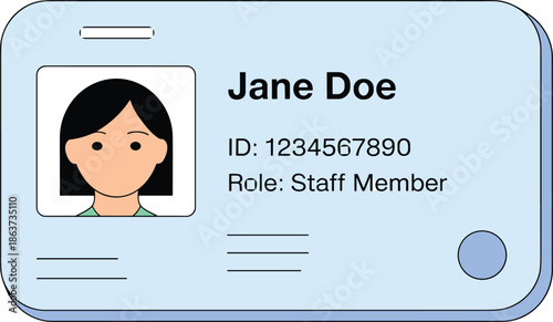 Employee ID card illustration, with female avatar name role identification badge flat design vector for office staff security access concept business workplace identity template