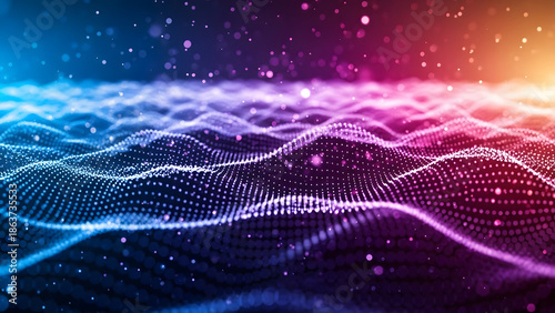 Futuristic data visualization of a glowing particle wave moving through a vibrant colorful landscape