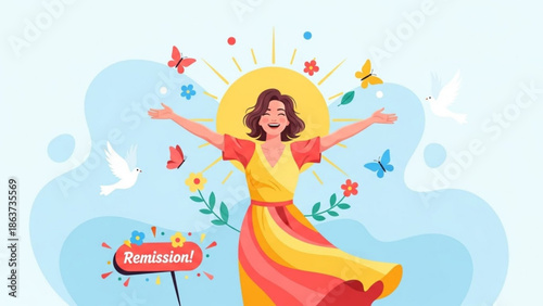 A joyful woman in a yellow and pink dress celebrating remission surrounded by butterflies flowers and doves on a sunny background with celebration