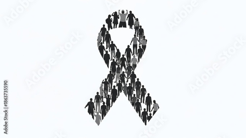 Awareness ribbon made of many people on white background, symbolizing support and solidarity with community and charity and health and social