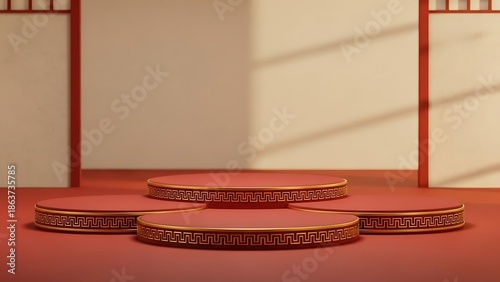Elegant red podiums on a red surface with oriental style panels background