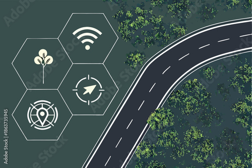  Aerial view, winding road through dense forest, green canopy, hexagonal icons, sustainability symbols, smart city concept, environmental technology, drone perspective, misty treetops, white road mar
