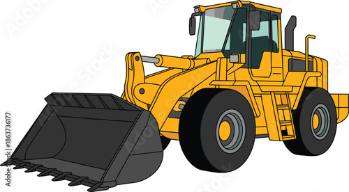 Yellow wheel loader construction vehicle vector illustration, heavy machinery equipment, industrial earthmoving machine, front loader bucket, isolated on white background, engineering design artwork
