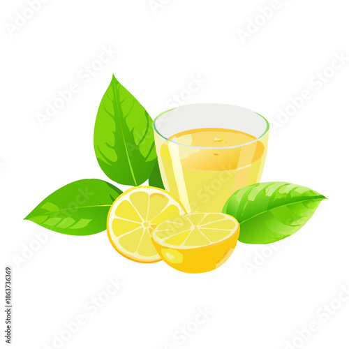 Fresh cup of healthy tea with lemon and mint served with a juicy orange slice and citrus fruit in a glass for a cold morning refreshment isolated on white