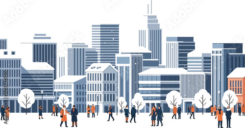 Diverse group of pedestrians wearing warm winter coats stroll across a snow-covered city park plaza against a backdrop of modern skyscrapers under snowfall