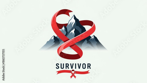 Red ribbon symbolizing resilience and strength with mountain landscape representing survival and determination for awareness campaigns with survivor