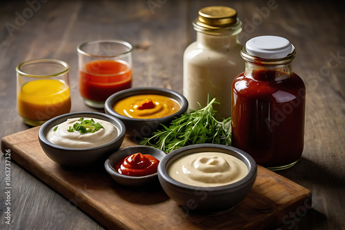 Assorted Food Sauces and Dips in Small Bowls on Wooden Table, Variety of Homemade Condiments, Creamy and Spicy Sauces, Culinary and Gourmet Food Background