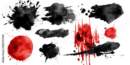 Collection of vibrant watercolor splashes in black and red, perfect for graphic design, web design, and artistic projects.