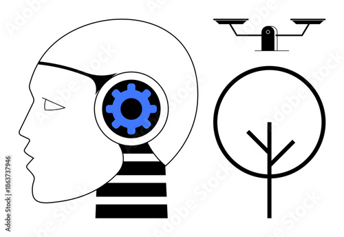 Artificial intelligence, surveillance, sustainability, technology, ethics, future trends. A human profile with a gear, a surveillance camera and a minimalist tree symbol. Artificial intelligence