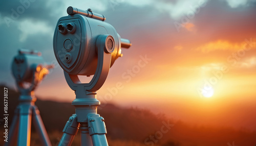 Two coin operated telescopes on tripods stand ready for viewing at sunset. Landscape view offers warm orange sky with soft clouds. Sun sets over distant hills, creating a peaceful scene.