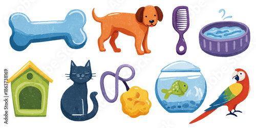 A colorful set of pet supplies including a dog bone, dog, cat, bird, fish bowl, treats, and accessories.