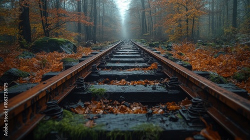 Autumn Forest Railway Tracks Covered in Orange Leaves and Morning Mist