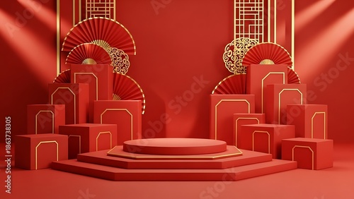 Elegant red stage display with fans and geometric shapes for celebrations