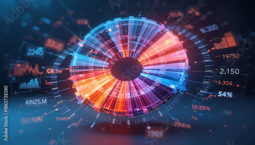 Abstract Futuristic HUD User Interface Data Visualization Concept. Circular Infographic Dashboard with Glowing Graphs, Charts, and Analytics for Big Data, Financial Trends, and Tech.