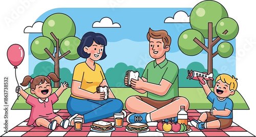 Happy cartoon family enjoying a sunny outdoor picnic together on a red checkered blanket with food and toys under green trees