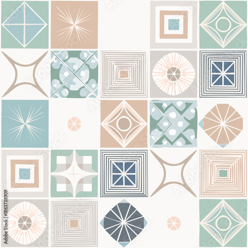 Abstract Geometric Pattern Tiles In Pastel Tones Featuring Diamond Starburst Square Shapes And Circular Motifs With A Repeating Arrangement Creating A Visually Pleasing Mosaic Effect In Soft Natural