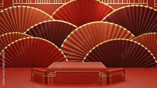 Elegant red stage display with traditional fans and gold accents studio backdrop