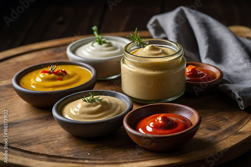 Assorted Food Sauces and Dips in Small Bowls on Wooden Table, Variety of Homemade Condiments, Creamy and Spicy Sauces, Culinary and Gourmet Food Background
