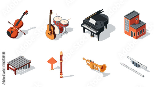 Isometric musical instruments set with building illustration for creative projects