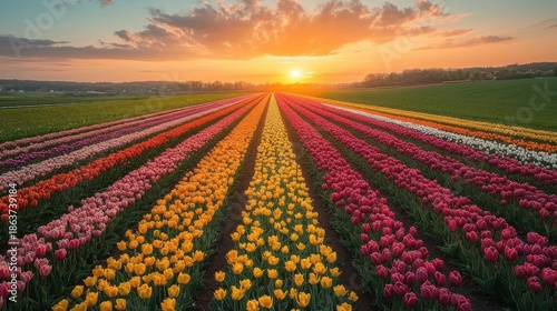 Vibrant Tulip Field At Sunset With Rows Of Colorful Flowers And Dramatic Sky